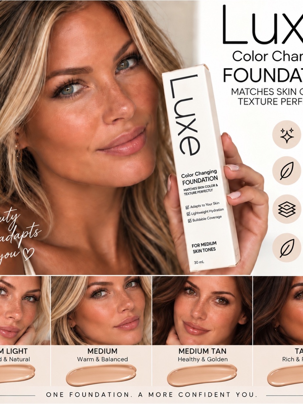 LUXE COLOR CHANGING FOUNDATION 30 ml
SKIN-TONE ADJUSTING MAKEUP  MEDIUM
SEALED